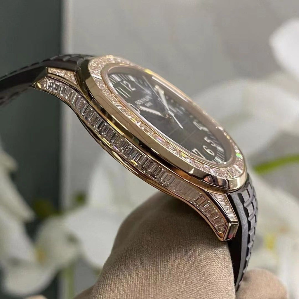 Aquanaut moissanite bezel and case set with 18k rose gold plating