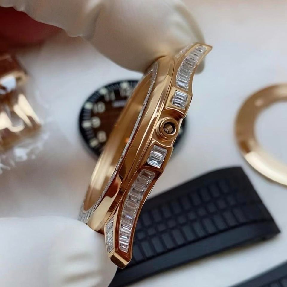 Aquanaut moissanite bezel and case set with 18k rose gold plating