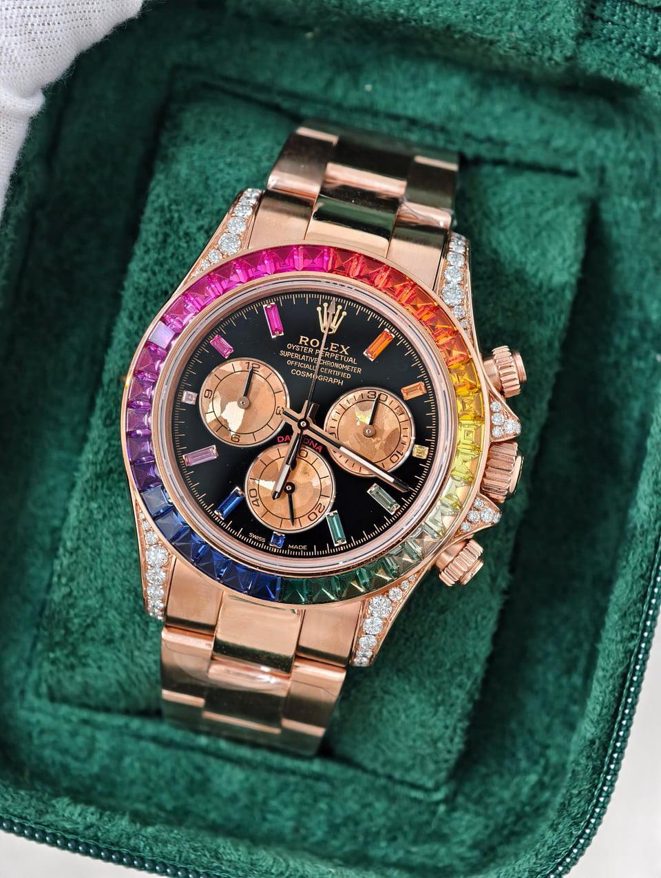 Daytona casing rainbow with tungsten weighted CNC case bracelet with moissanite dial and bezel with RG plating