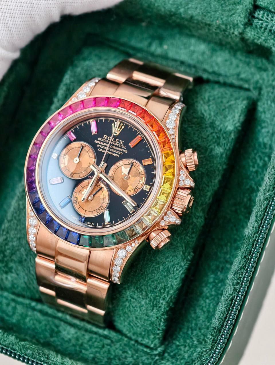 Daytona casing rainbow with tungsten weighted CNC case bracelet with moissanite dial and bezel with RG plating